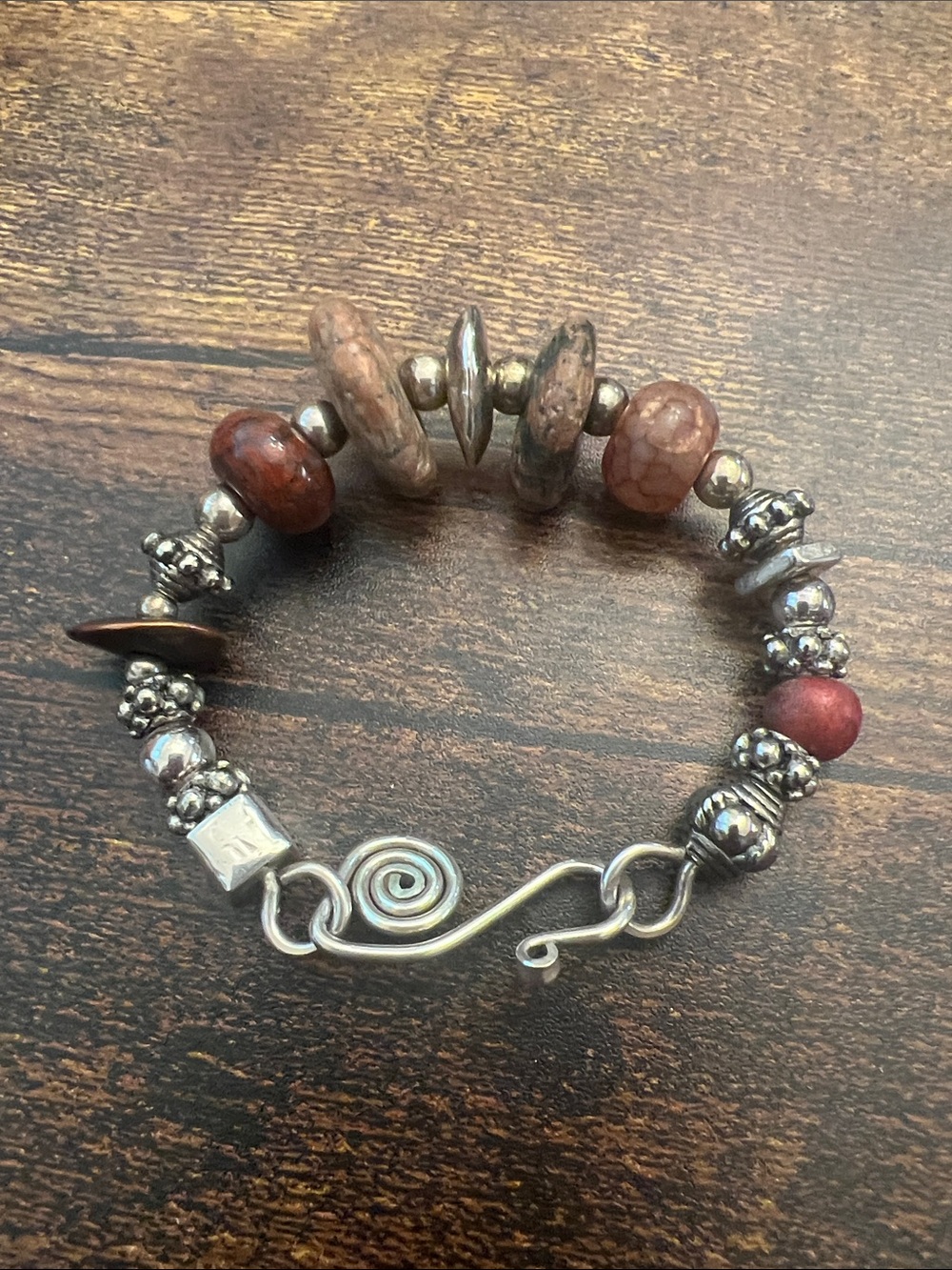 Handcrafted Silver & Brown Bead Bracelet